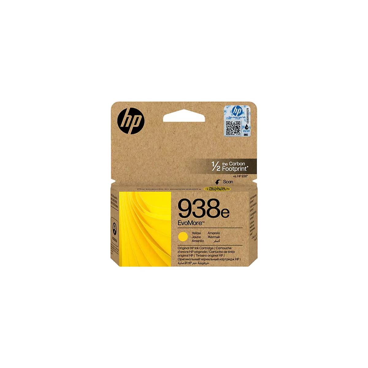 Eine HP Tintenpatrone, gelb, mit Aufdrucken. Auf der Verpackung steht "938e EvoMore" und "Original HP Ink Cartridge".