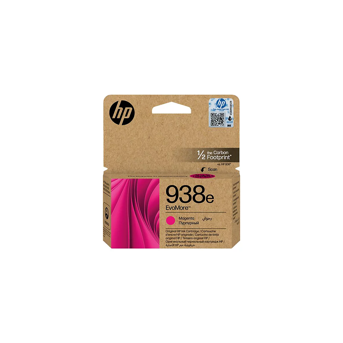 Cartouche d'encre HP, carton brun avec intérieur rose, texte : 938e, magenta, logo HP.