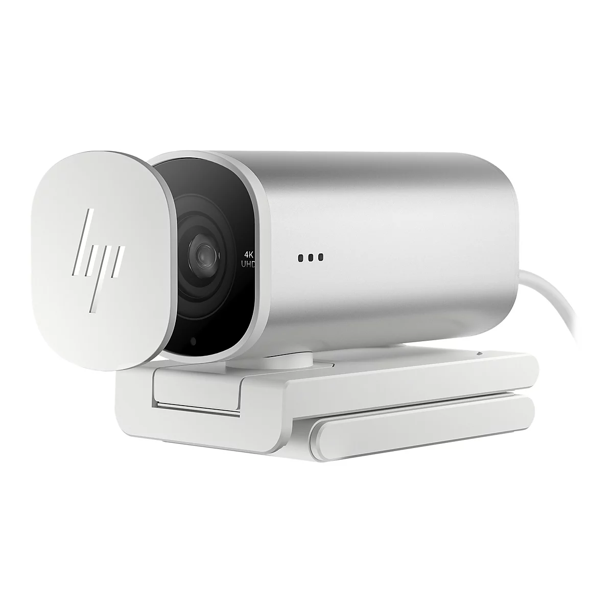 Weiße HP-Webcam mit offenem Objektivschutz, 4K UHD-Logo. Darunter ein Sockel. Auf weißem Hintergrund.