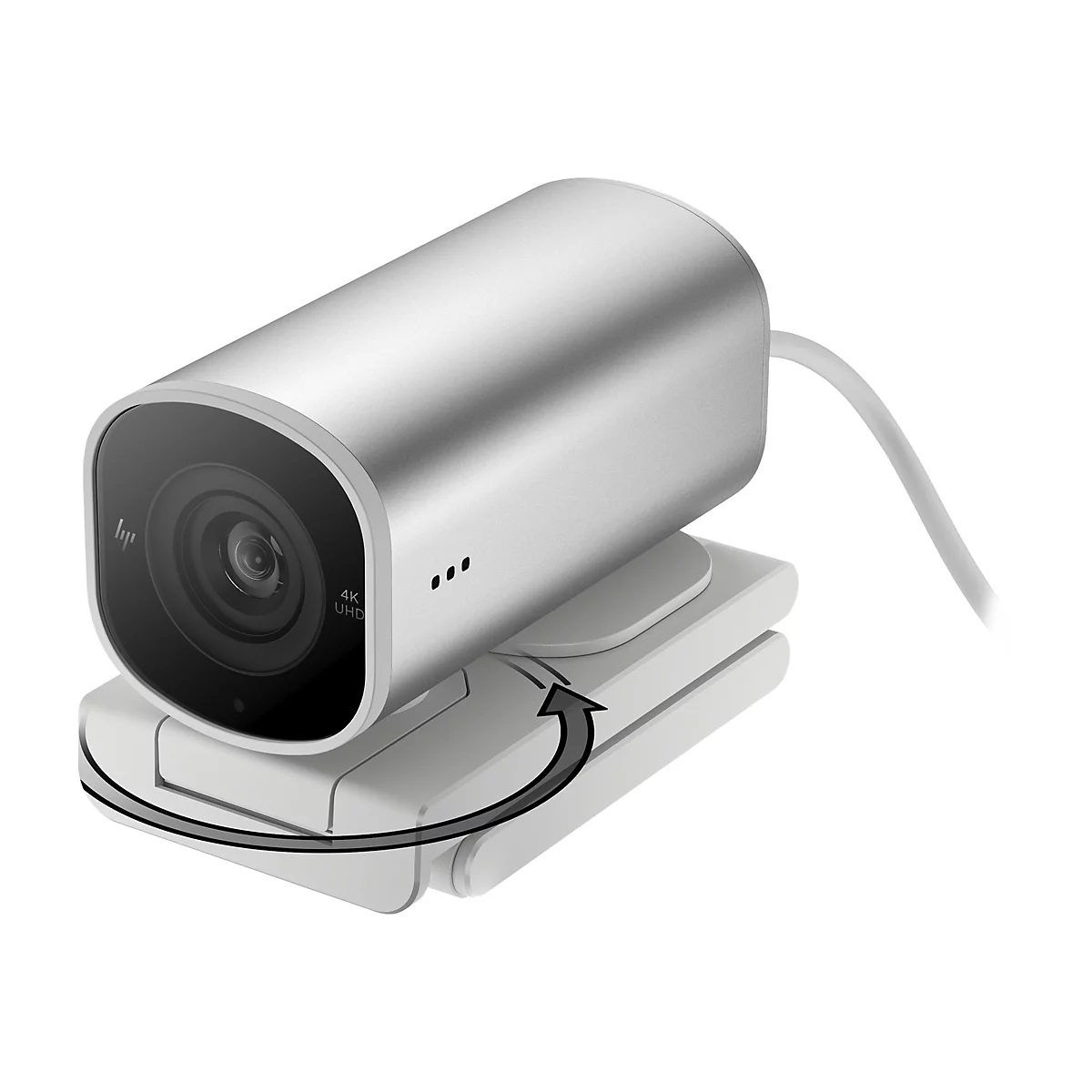 Eine silberne Webcam mit 4K-UHD-Kennzeichnung, auf einem drehbaren weißen Ständer.