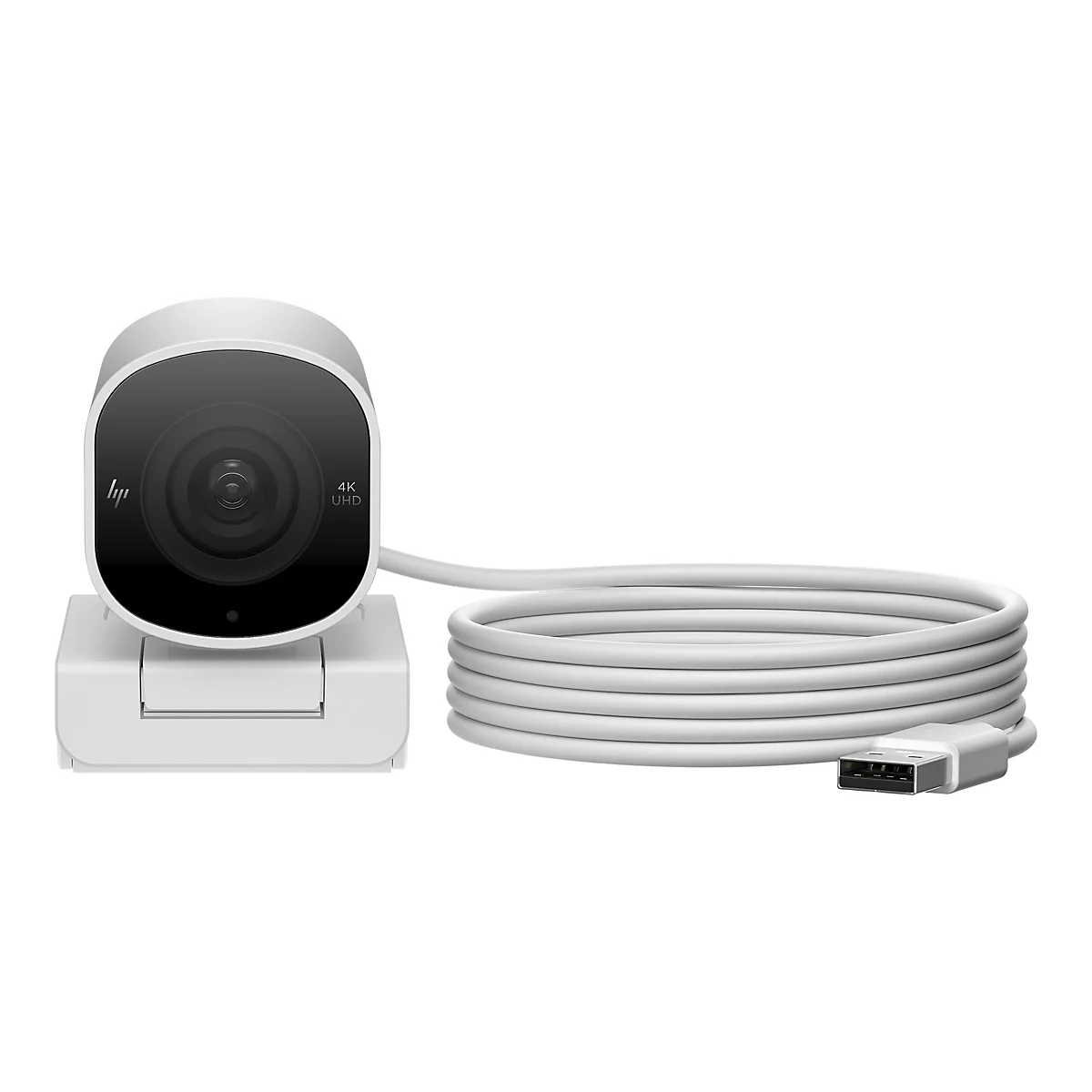 Weiße 4K-UHD-Webcam mit USB-Kabel, Nahaufnahme. Das Objektiv ist schwarz, mit „4K UHD“-Schriftzug. Auf dem Gerät befindet sich das HP-Logo.