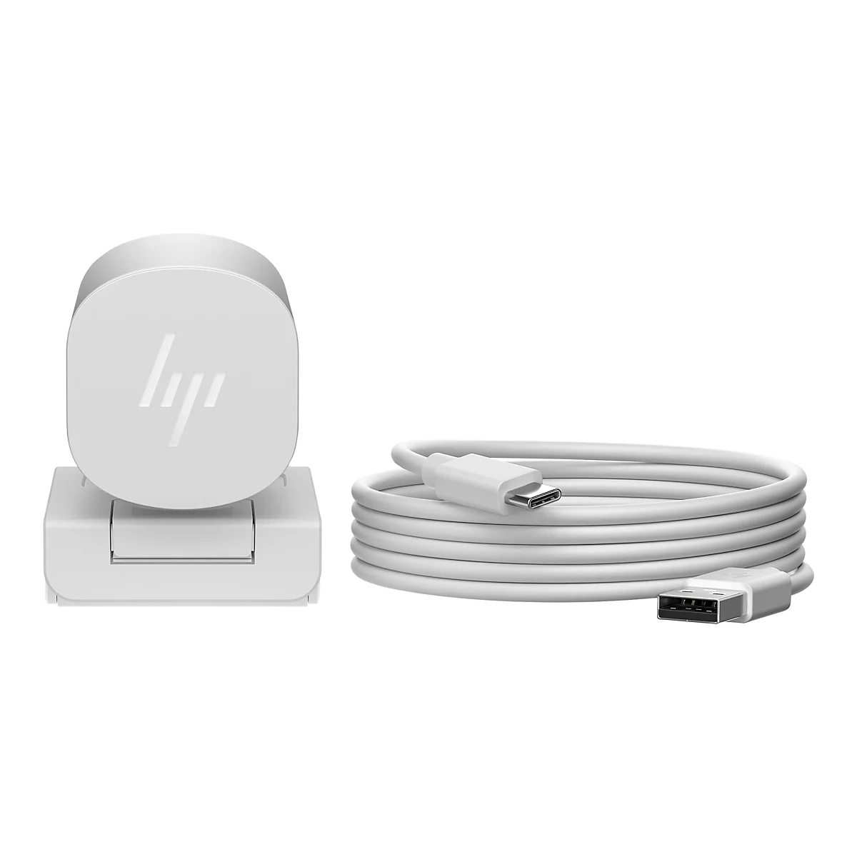 Weißes HP-Ladegerät mit USB-C-Kabel. Das Ladegerät zeigt das HP-Logo, das aus drei abgewinkelten Strichen besteht.