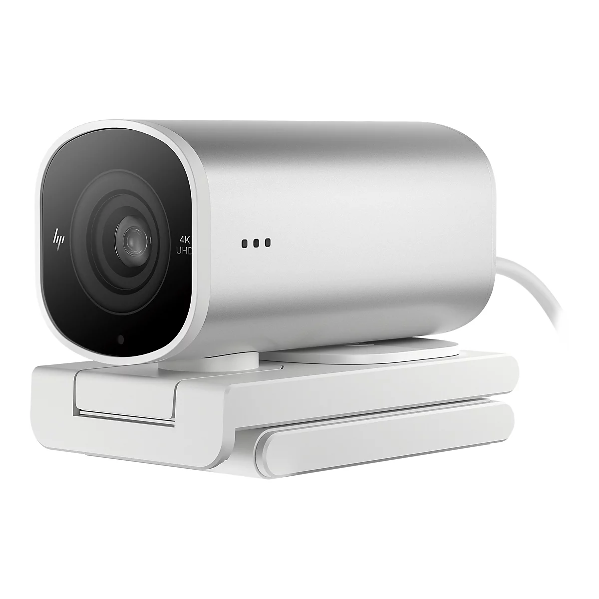 Eine silberne Webcam mit schwarzem Objektiv auf weißem Ständer. Auf der Webcam steht 4K UHD, daneben das HP-Logo.