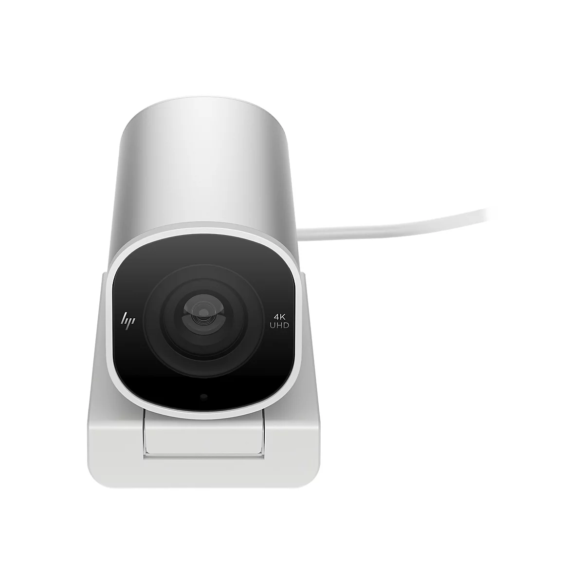 Eine silberne Webcam mit schwarzem Objektiv. Auf der Webcam steht "4K UHD".