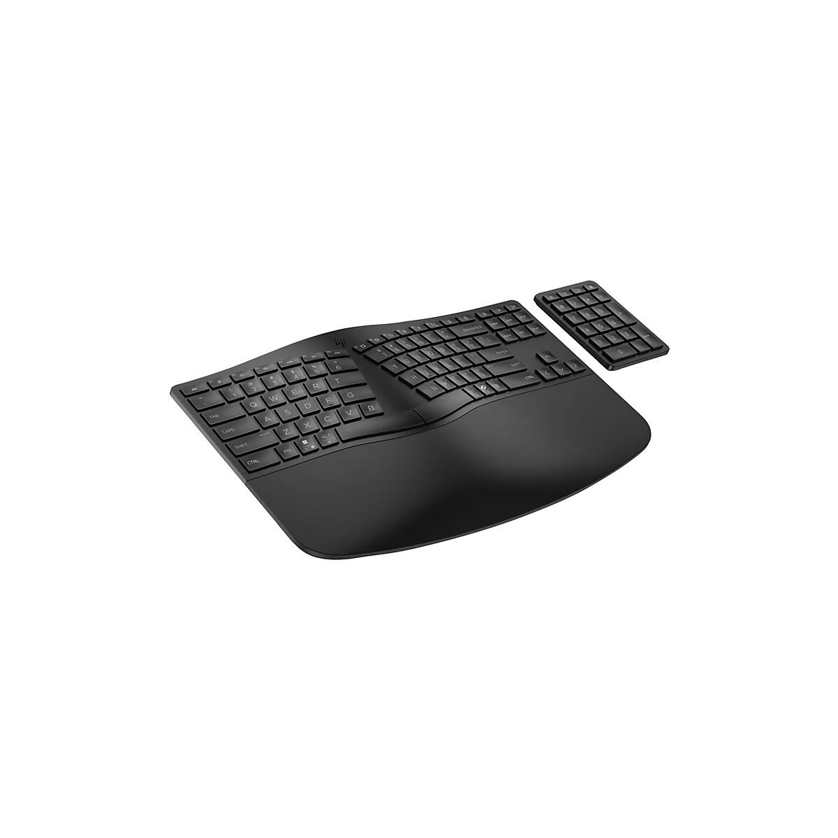 Schwarze, ergonomische geteilte Tastatur mit separatem Ziffernblock auf weißem Hintergrund.