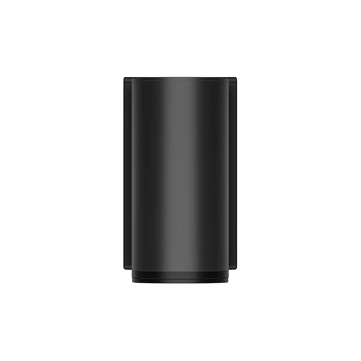 Ein schwarzes zylindrisches Objekt, seitlich von einem rechteckigen Element eingefasst, vor weißem Hintergrund.