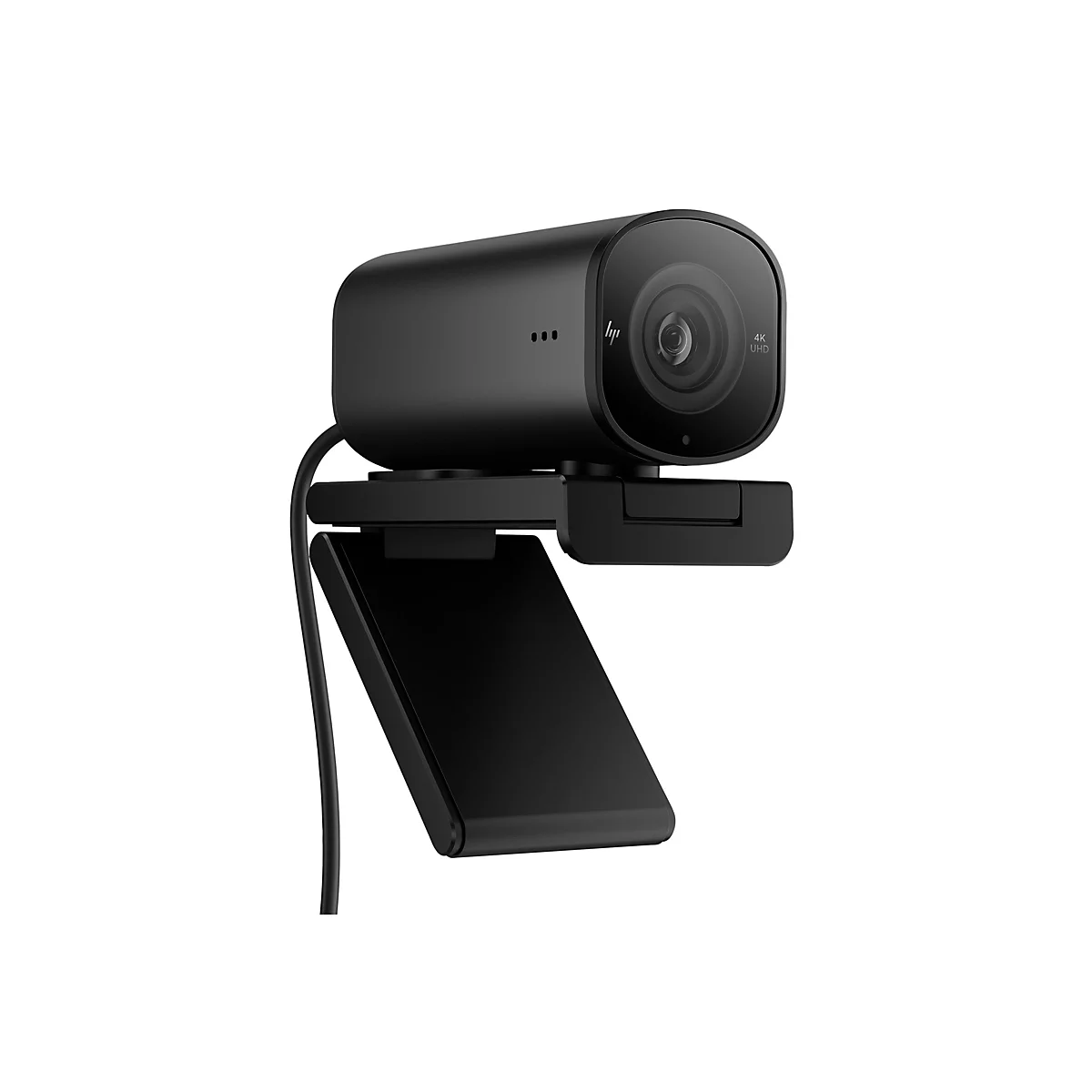 Schwarze Webcam mit einem Objektiv und Halterung, 4K UHD Schriftzug.