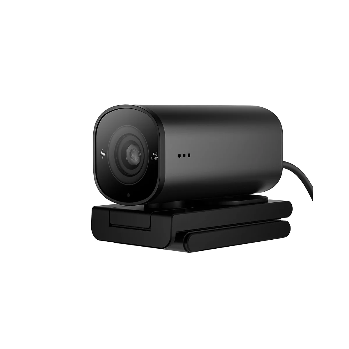 Schwarze HP Webcam mit 4K UHD Logo. Das Gerät ist auf einem schwarzen Standfuß vor weißem Hintergrund platziert.