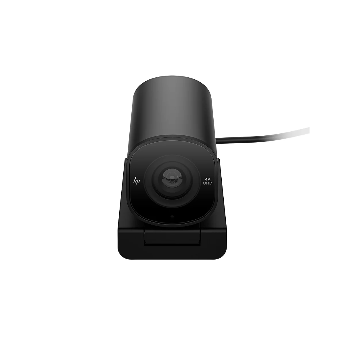 Eine schwarze Webcam mit 4K UHD-Funktion. Sie hat ein rundes Objektiv, einen eckigen Sockel und ein HP-Logo.