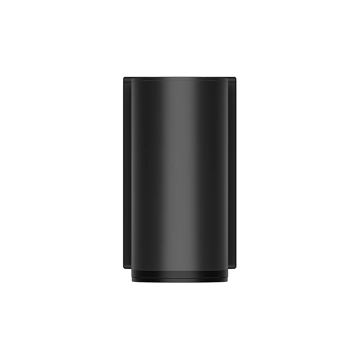 Ein schwarzes zylindrisches Objekt auf weißem Hintergrund.