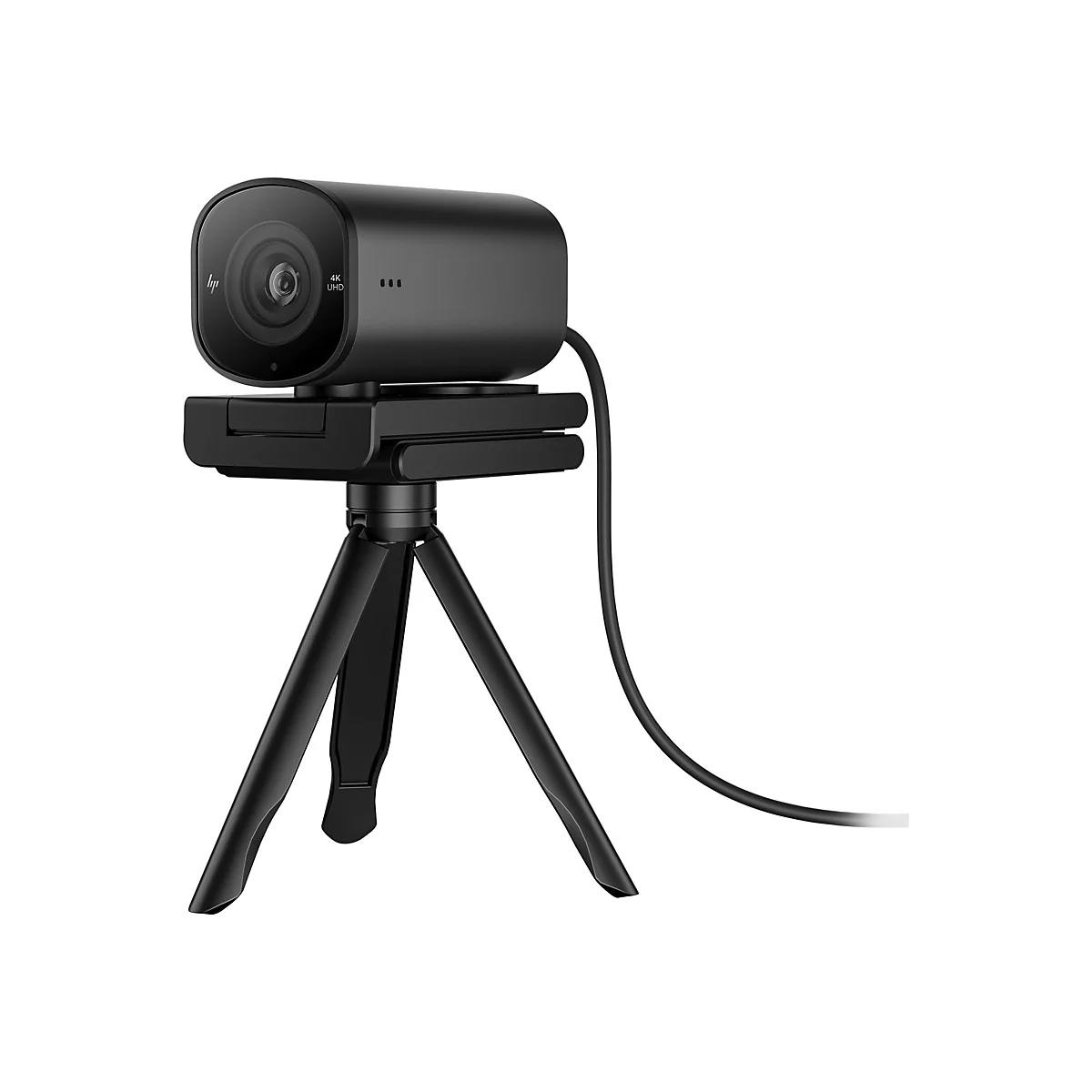 Schwarze Webcam auf einem schwarzen Dreibeinstativ, 4K UHD. HP Logo.