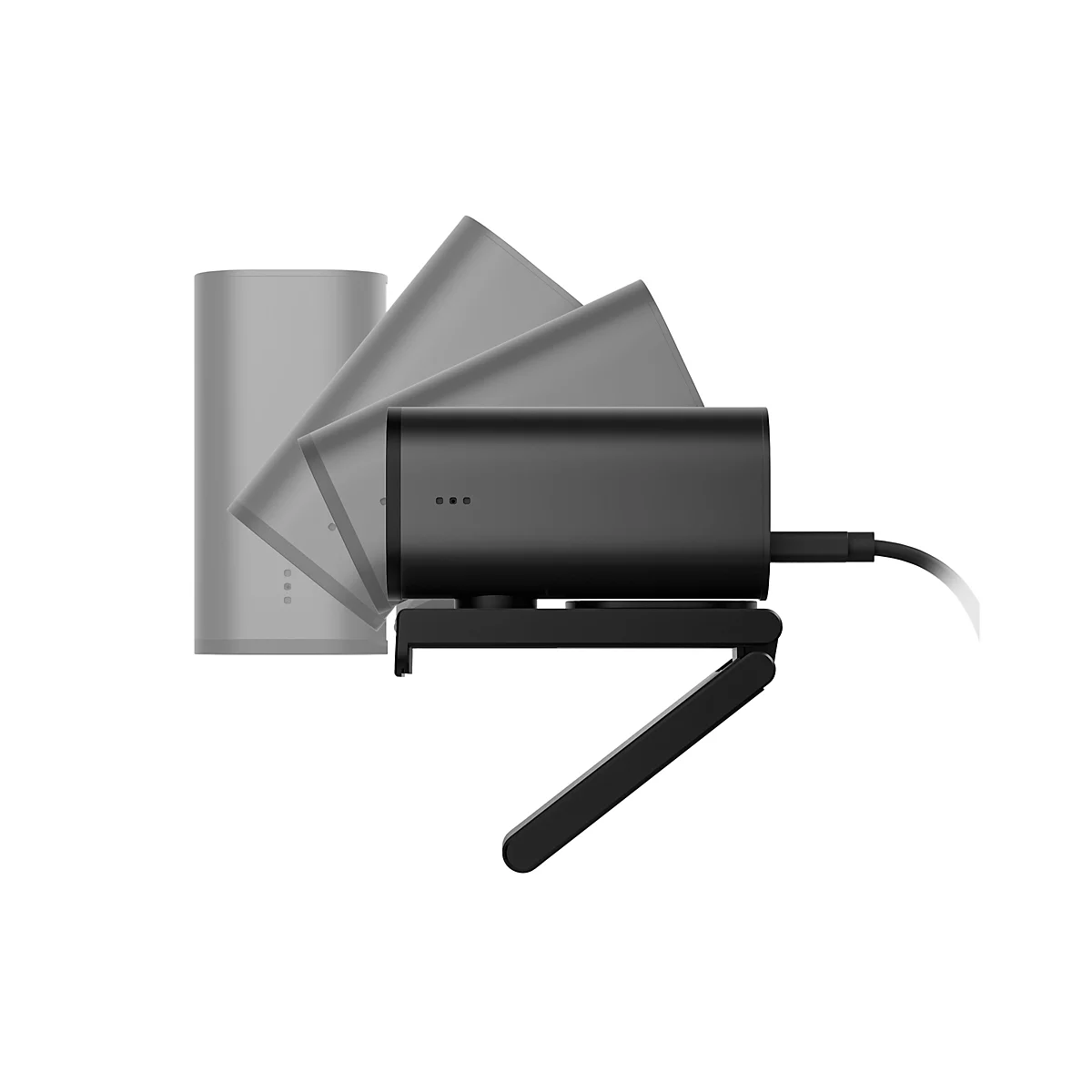 Schwarze Webcam mit verstellbarem Ständer. Dahinter ist eine graue Form angedeutet.