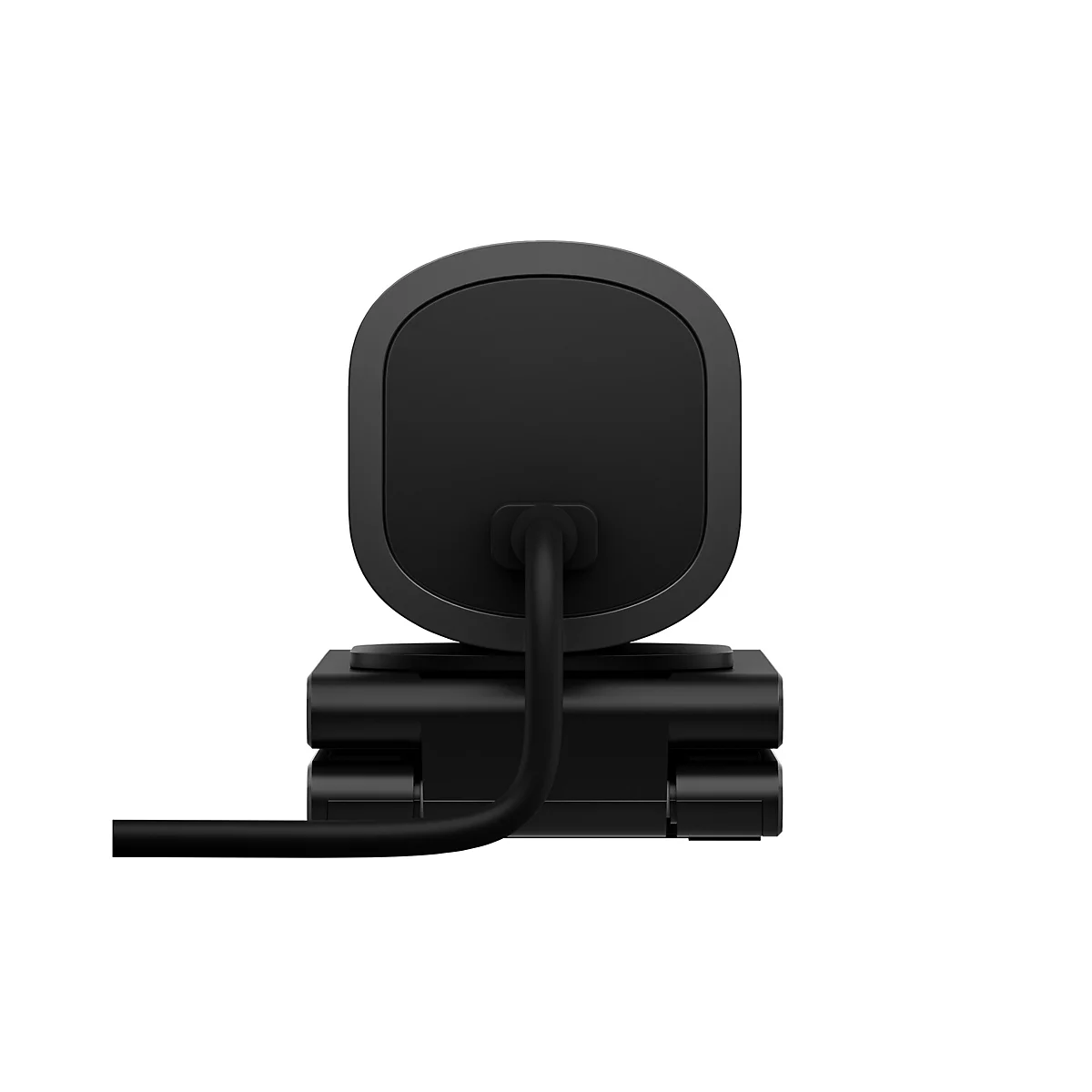 Schwarze Webcam, Rückansicht, auf weißem Hintergrund. Das Design ist kantig und minimalistisch. Ein Kabel ist angeschlossen.