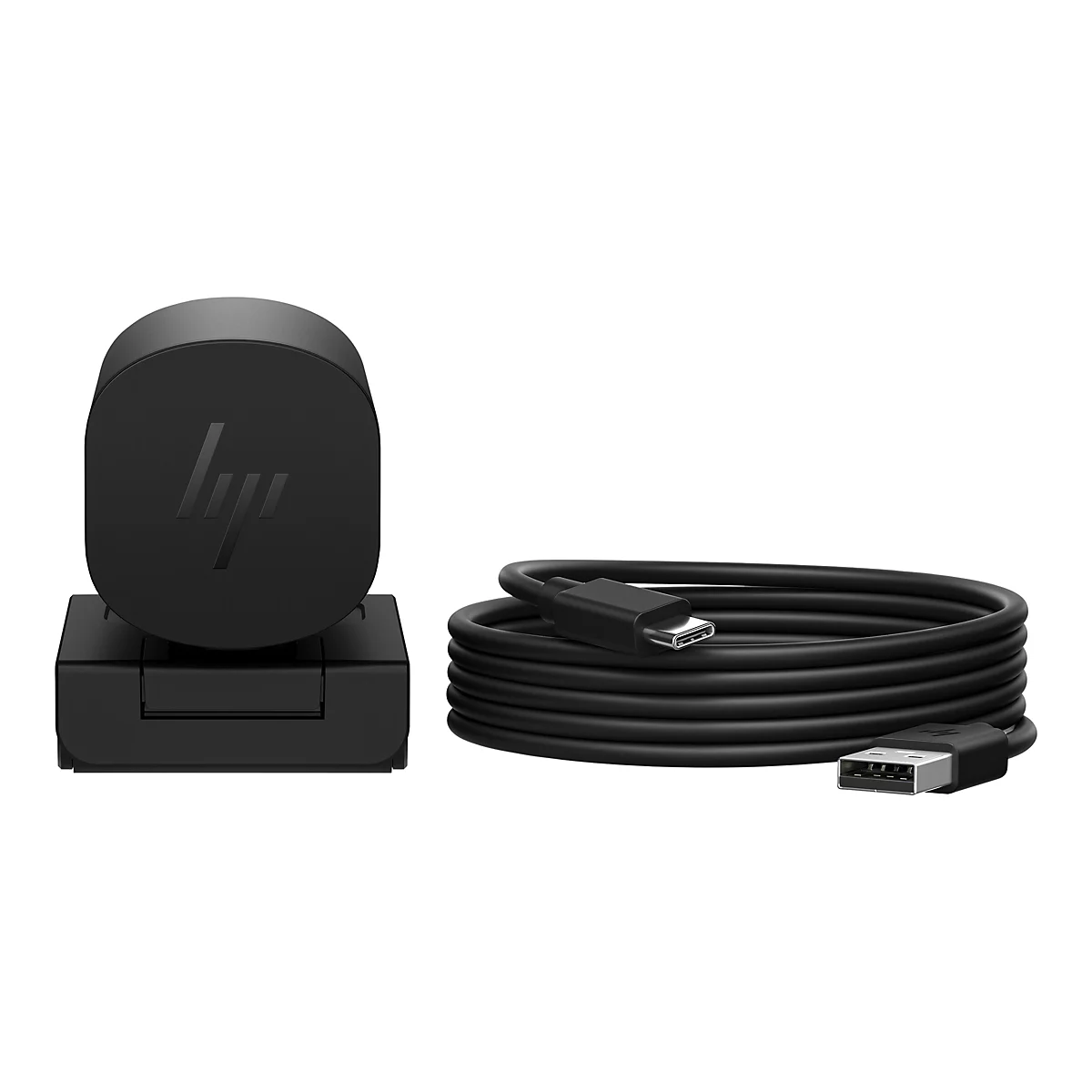 Schwarze Webcam mit Kabel. Auf der Webcam ist das HP-Logo zu sehen. Das USB-C-Kabel liegt aufgerollt daneben.