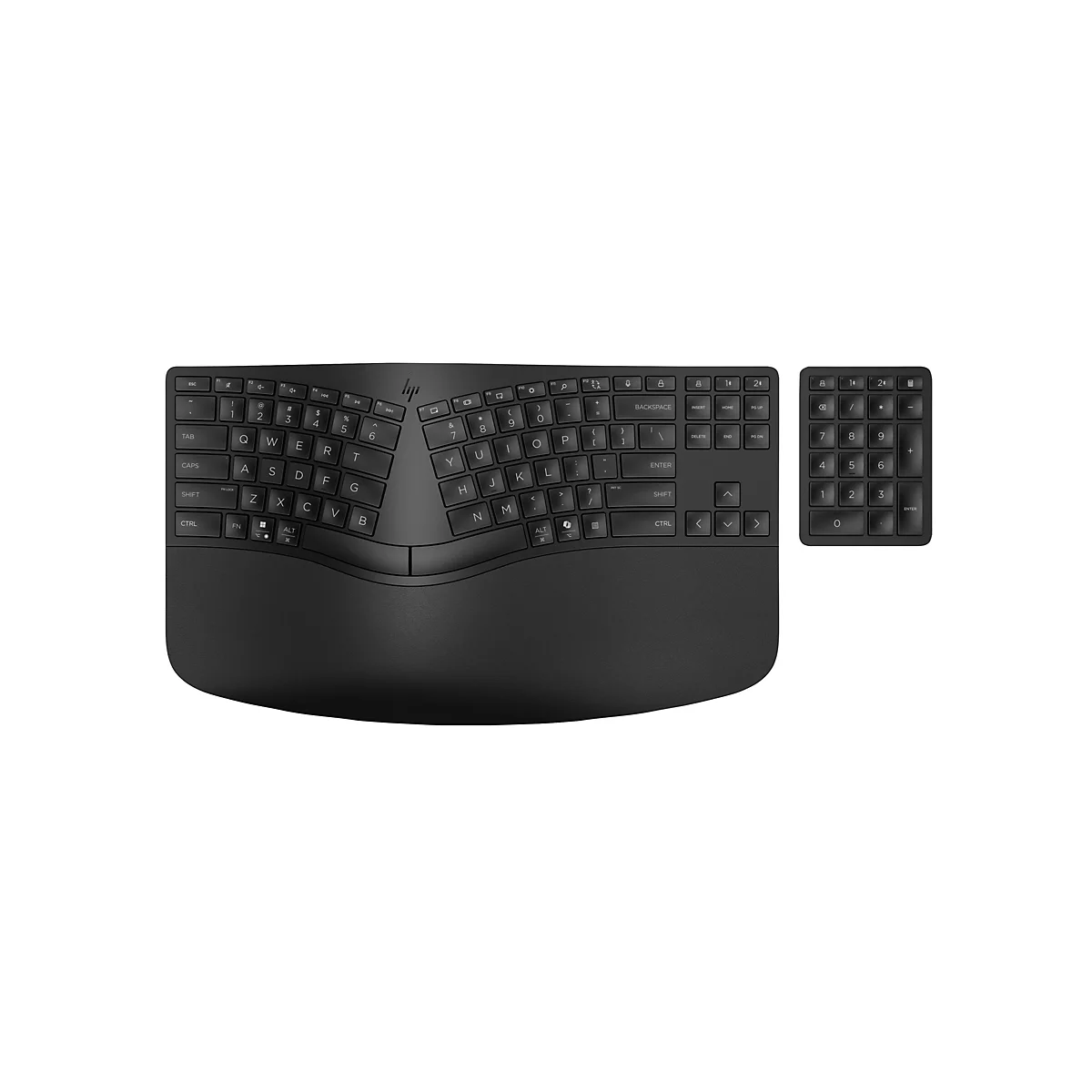 Schwarze, ergonomische Tastatur mit separatem Nummernblock. Die Tastatur hat eine geschwungene Form mit geteilten Tastenfeldern und einer gepolsterten Handballenauflage.
