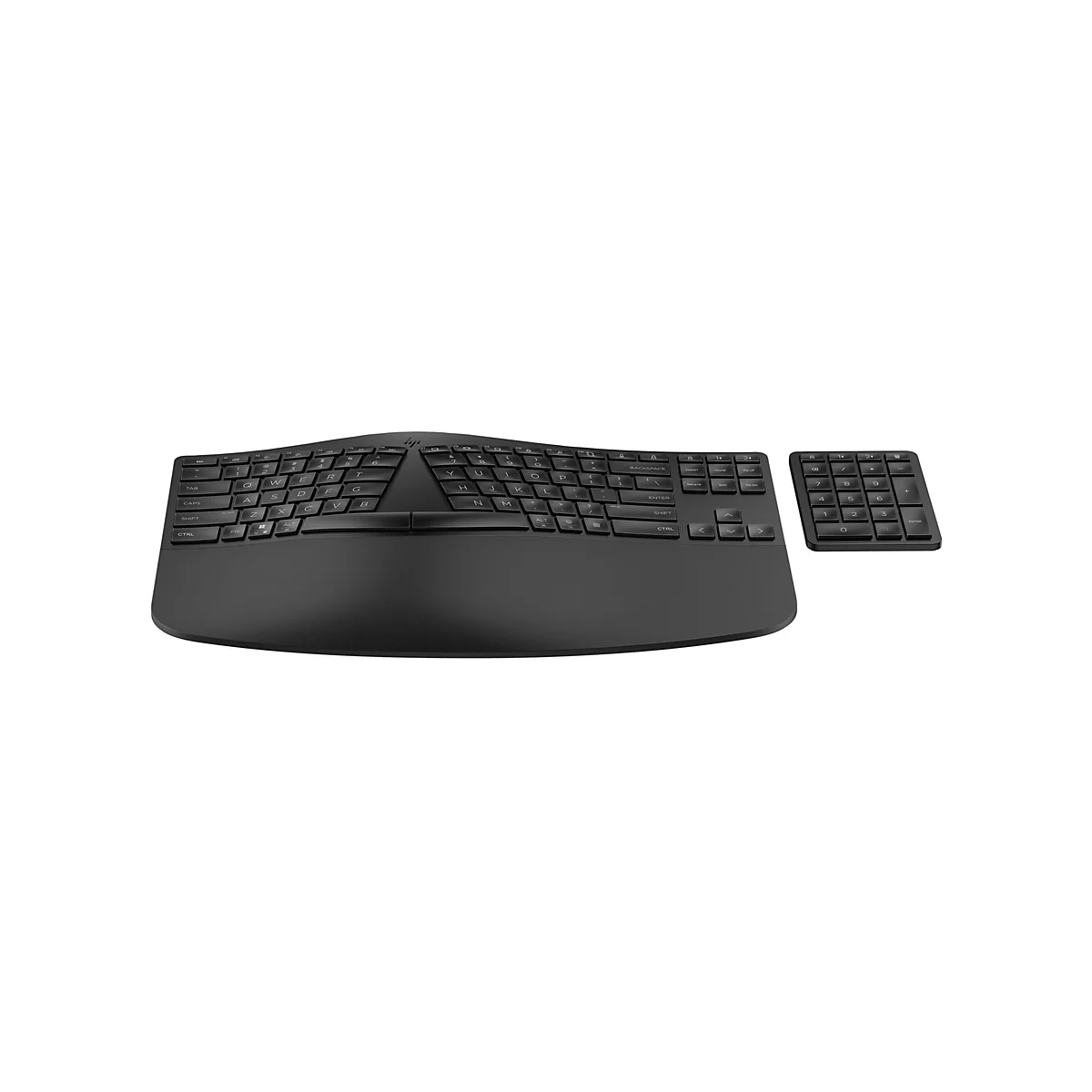 Schwarze, ergonomische Tastatur mit separatem Nummernblock. Die Tastatur hat eine geschwungene Form, um die natürliche Haltung der Hände zu unterstützen.