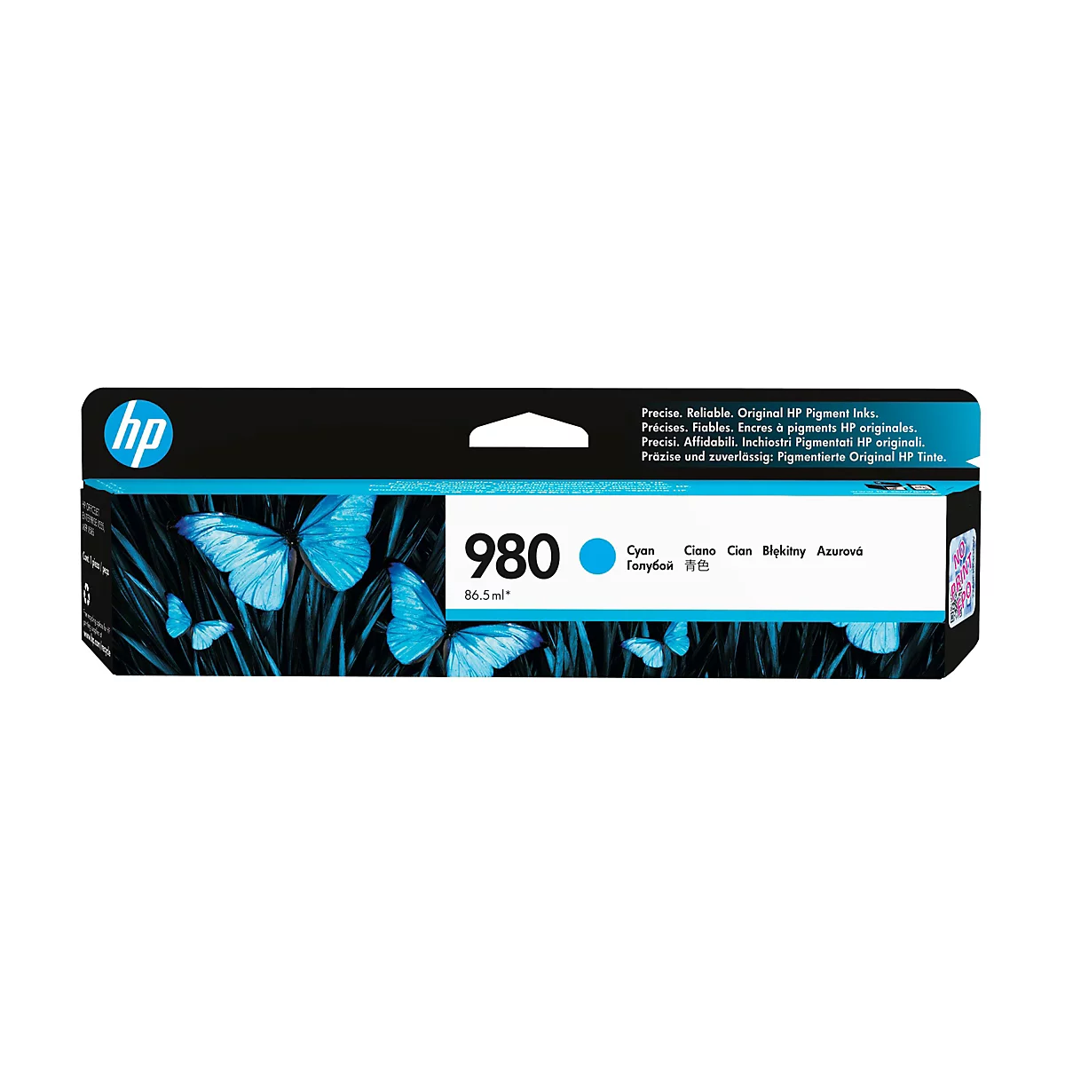 Eine Tintenpatrone von HP, mit blau schimmernden Schmetterlingen auf schwarzem Grund. Oben rechts steht "980" und die Aufschrift "Cyan".