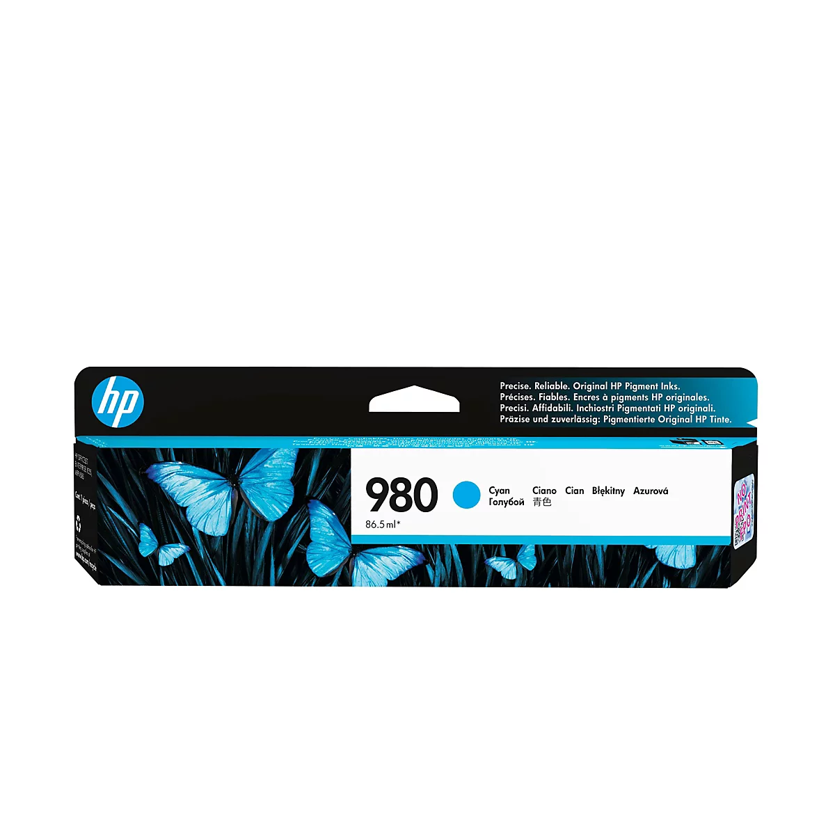 Eine blaue Tintenpatrone mit der Aufschrift "980". Auf der Verpackung sind Schmetterlinge abgebildet.