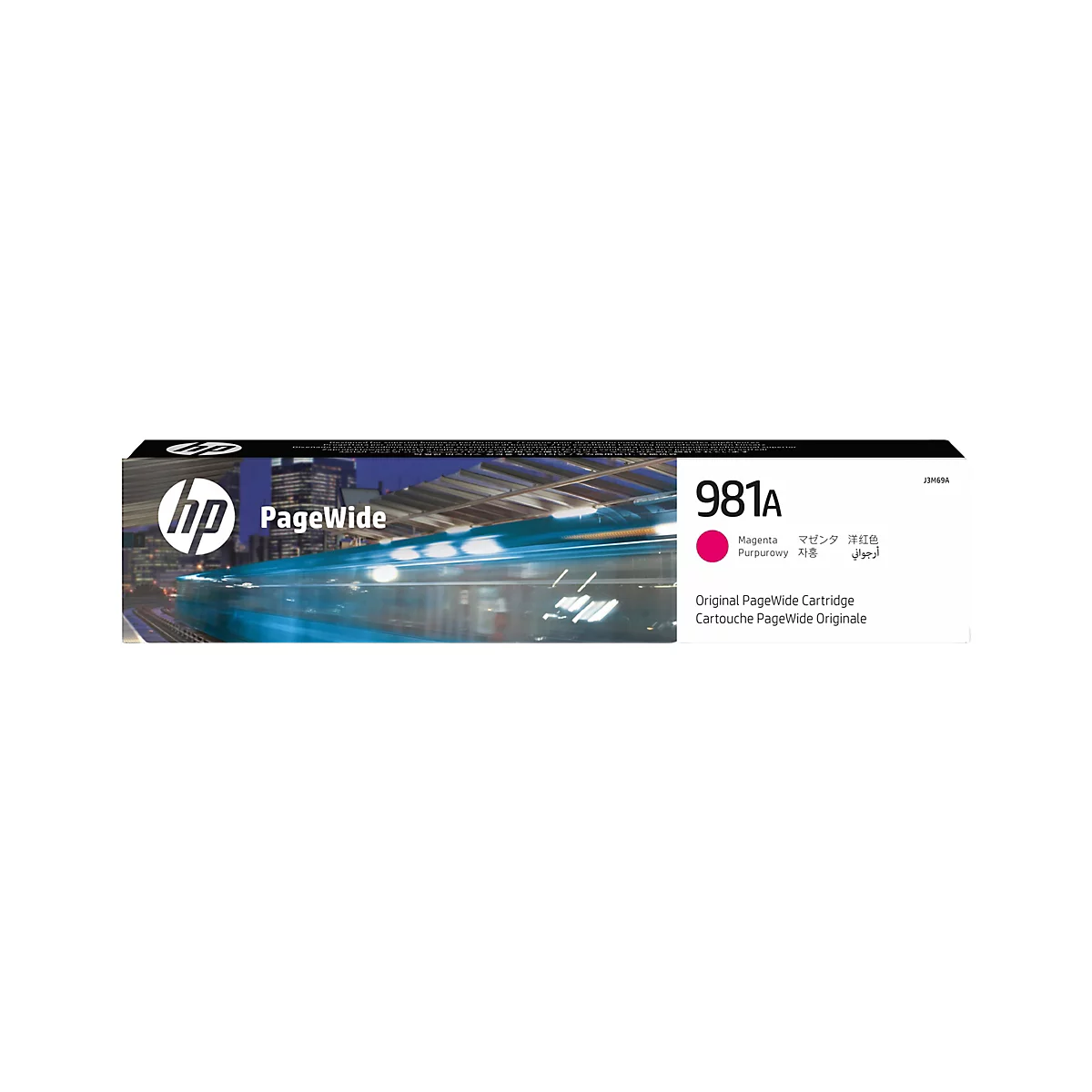 HP Druckerpatrone 981A mit magenta-farbenen Tinten. Aufschrift: PageWide.
