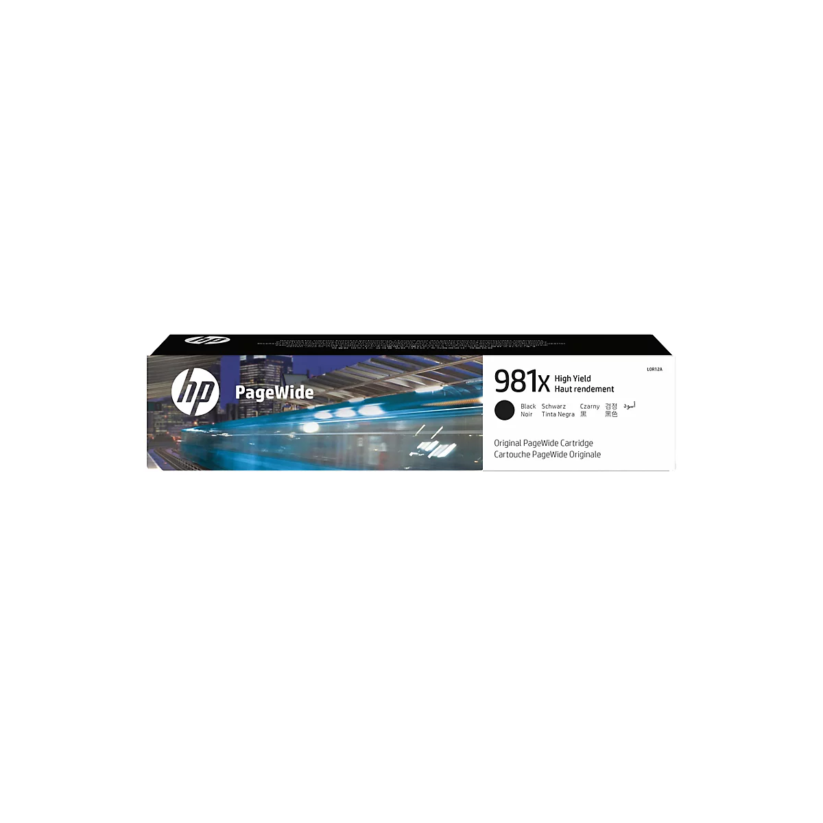 HP PageWide 981x Tintenpatrone, Schwarz. Aufschrift: High Yield. Hintergrund: verschwommene Stadtansicht.