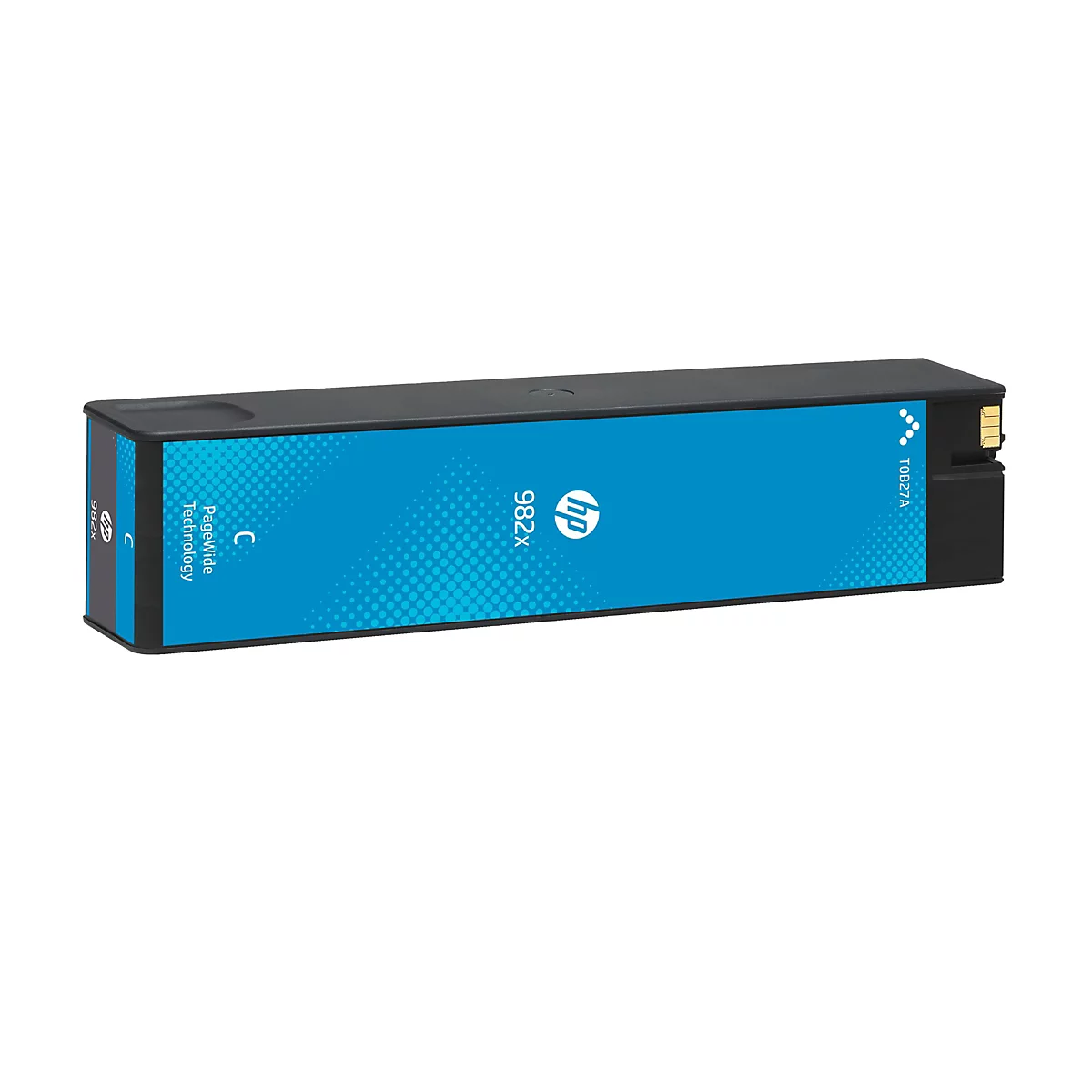 Eine Tintenpatrone der Marke HP, X982, blau und schwarz. Aufschrift: PageWide Technologie. Auf weißem Grund.