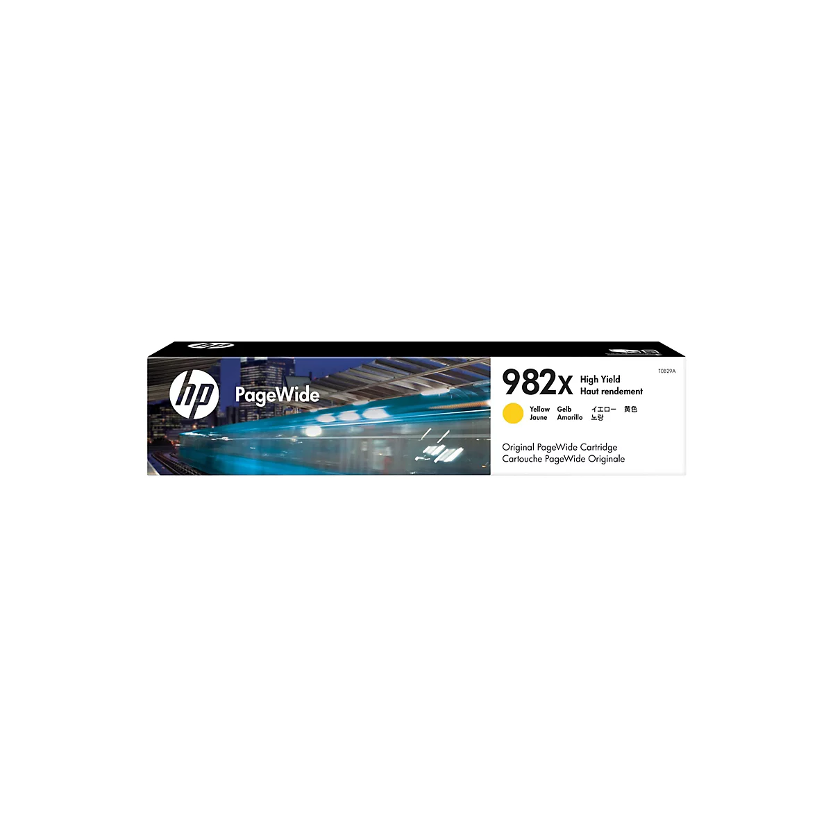 Gelbe HP PageWide Druckerpatrone; Text zeigt Modell 982X mit hoher Ergiebigkeit, gelbe Tinte, und Logo.