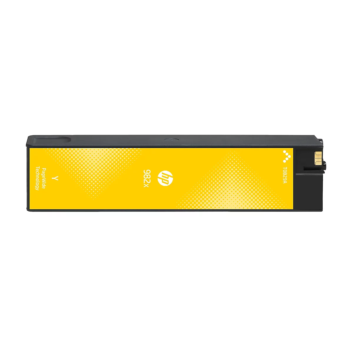 Gelbe Druckerpatrone mit der Aufschrift HP 982X, vor weißem Hintergrund.
