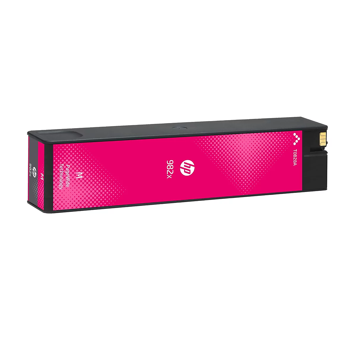 Eine HP 982X Tintenpatrone in Magenta, vor weißem Hintergrund. Die Patrone ist rechteckig, mit schwarzem Gehäuse und rosa Oberseite.
