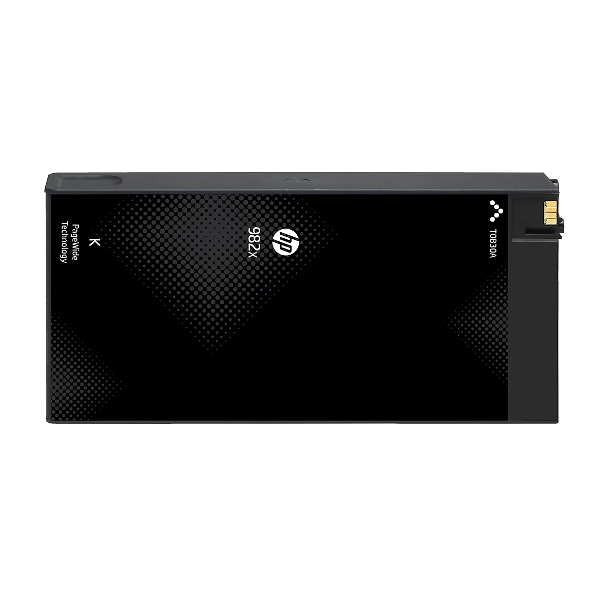 Schwarze HP Tintenpatrone. Aufgedruckt sind "982X" und das HP-Logo, sowie Schriftzug "PageWide Technology".