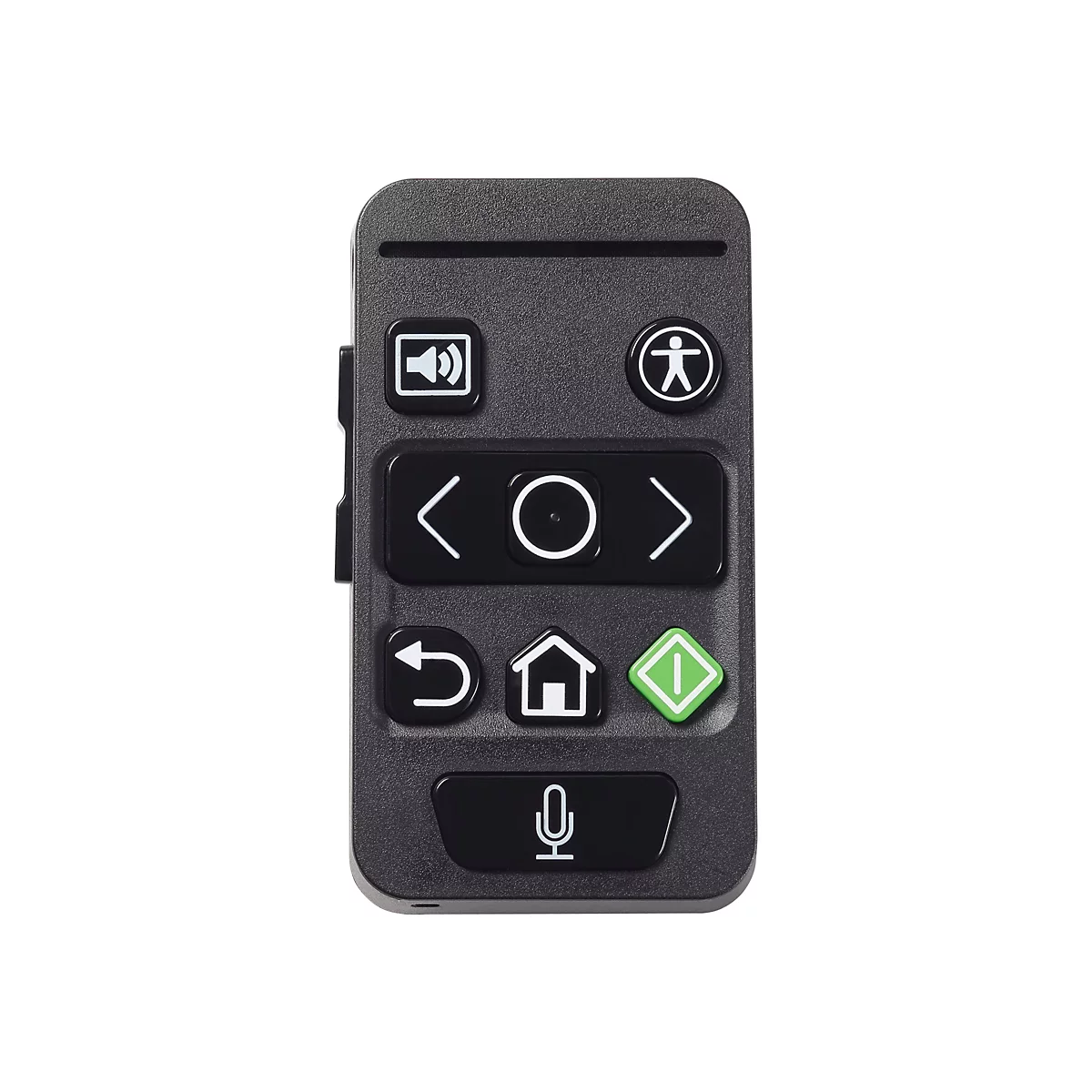 Schwarze Fernbedienung mit Knöpfen. Lautsprecher-, Mensch-, Pfeil- und Mikrofon-Symbole.