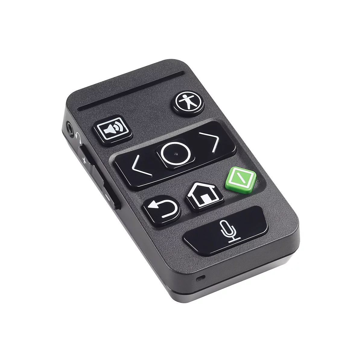 Schwarzes Bedienfeld mit Knöpfen und Symbolen. Ein Kopfhörer-Anschluss und Lautstärkeregler sind sichtbar.