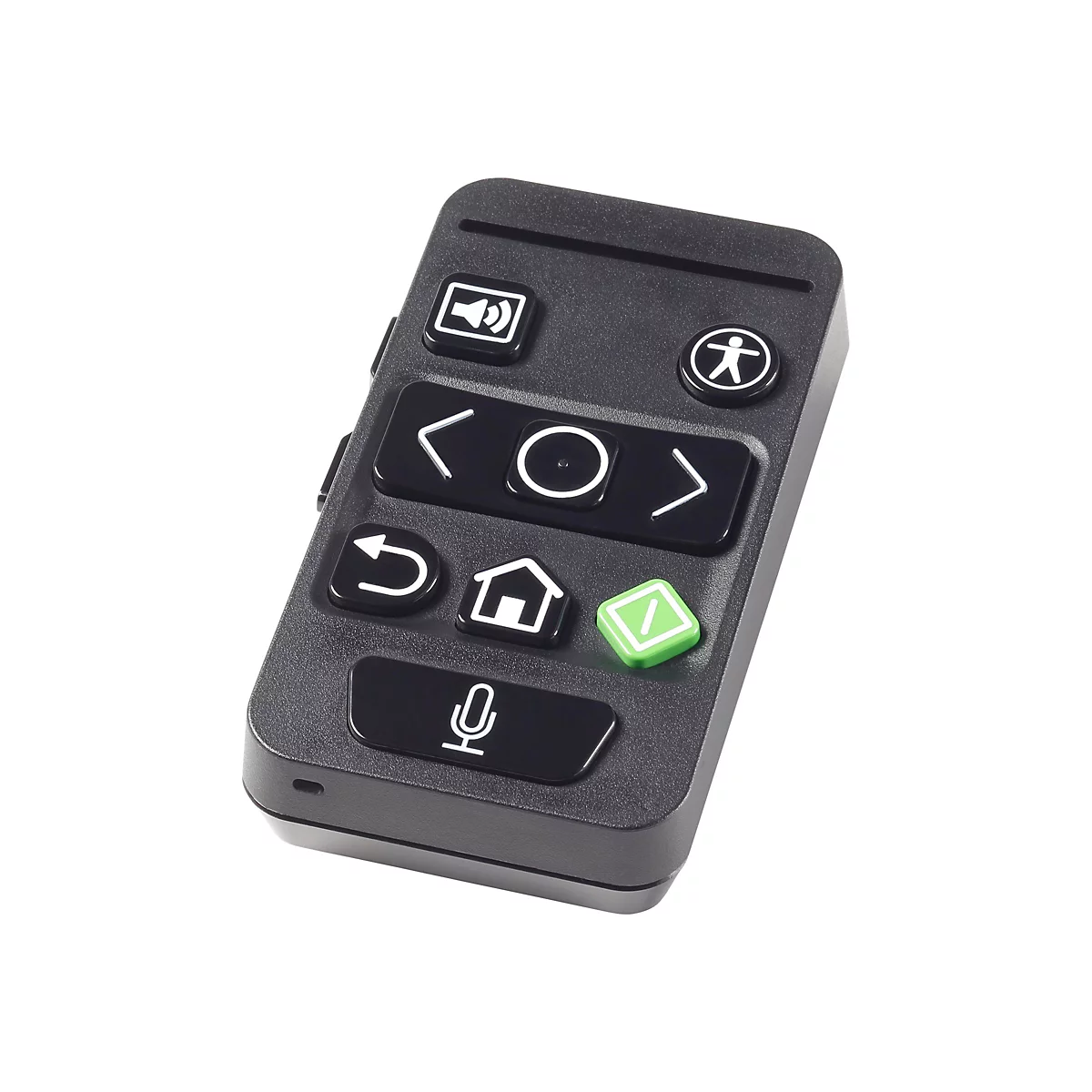 Ein schwarzes Bedienfeld mit verschiedenen Symbolen, darunter Lautsprecher, Richtungs- und Menüsymbole, sowie eine grüne Taste.