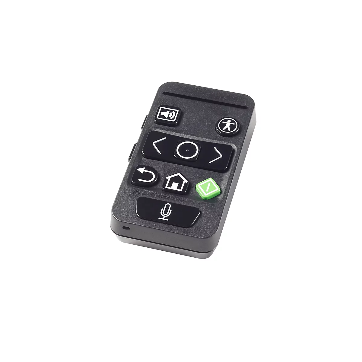 Schwarze Fernbedienung mit verschiedenen Symbolen, wie Lautsprecher, Pfeile und ein Haussymbol.