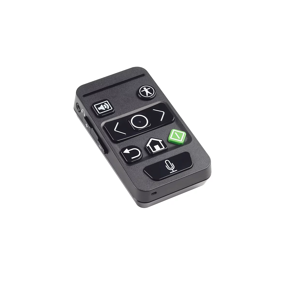 Schwarze Fernbedienung mit Symbolen, wie Lautsprecher, Pfeile, Haus, Mikrofon und einem grünen Feld.