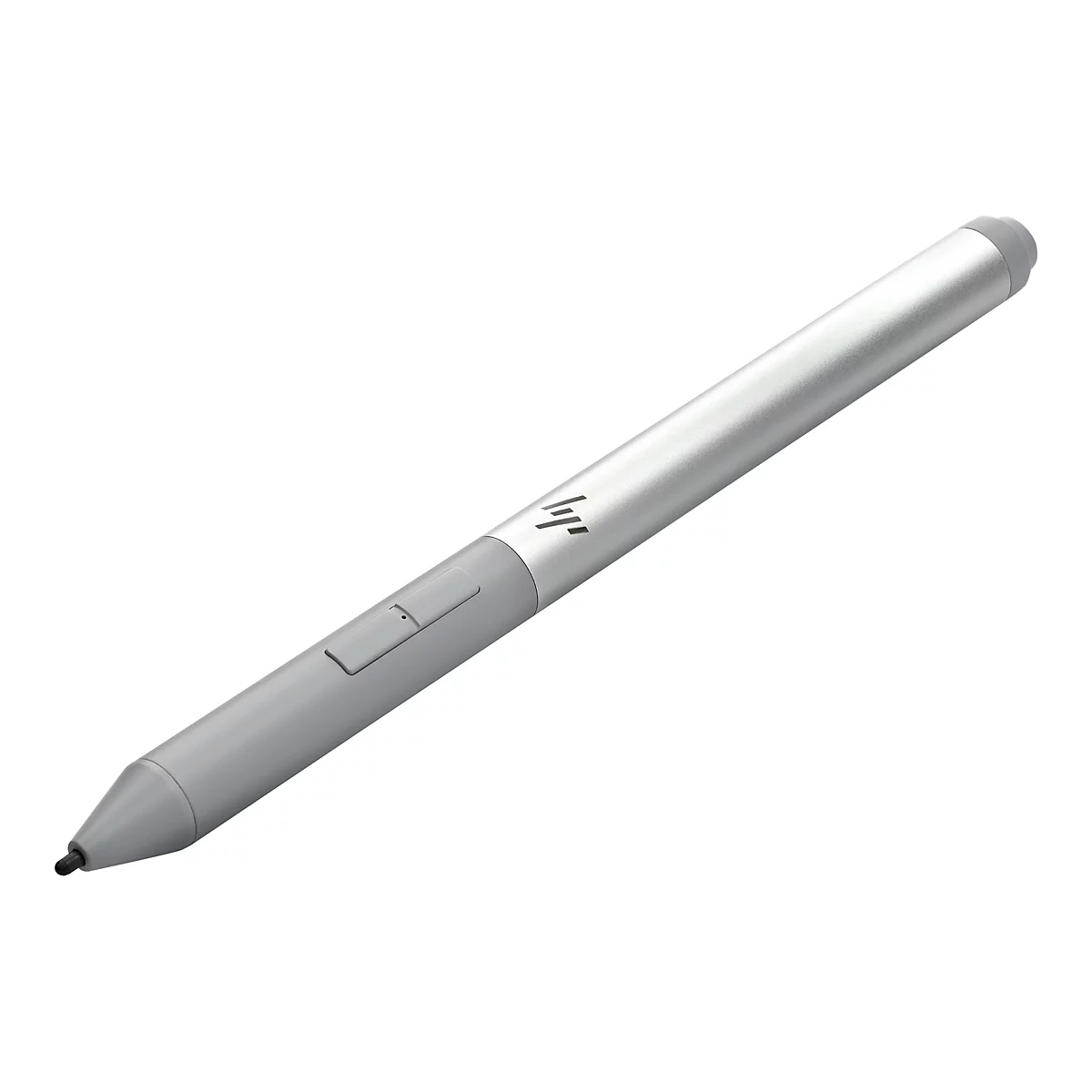 Grauer HP-Stylus-Stift mit silbernem Schaft, Details wie das HP-Logo.