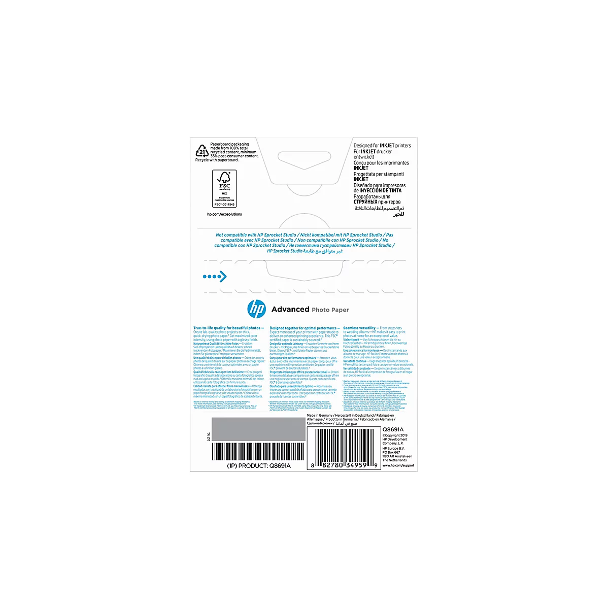 Rückseite einer HP Advanced Fotopapier-Verpackung mit technischen Informationen, Zertifizierungen und Produktmerkmalen.