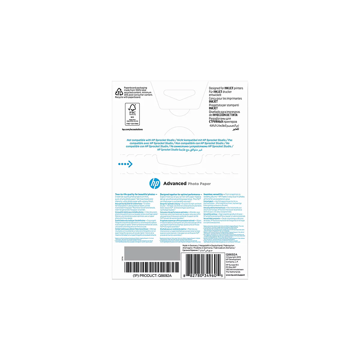 Rückseite einer HP Fotopapier-Verpackung mit technischen Informationen, FSC-Logo und Strichcode.