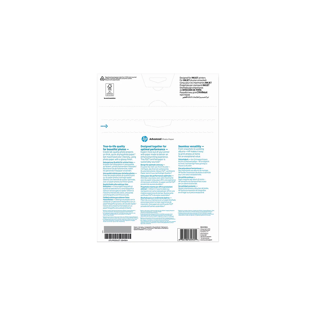 Rückseite einer HP Fotopapier-Verpackung mit mehrsprachigen Produktinformationen und FSC-Zertifizierung.