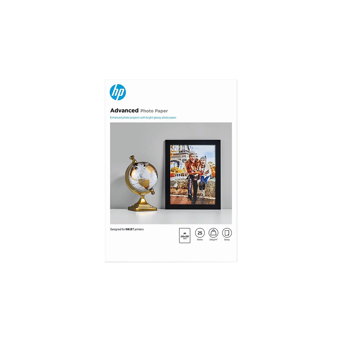 Produktverpackung von HP Advanced Photo Paper mit Foto von zwei Personen vor dem Eiffelturm neben einem Globus.