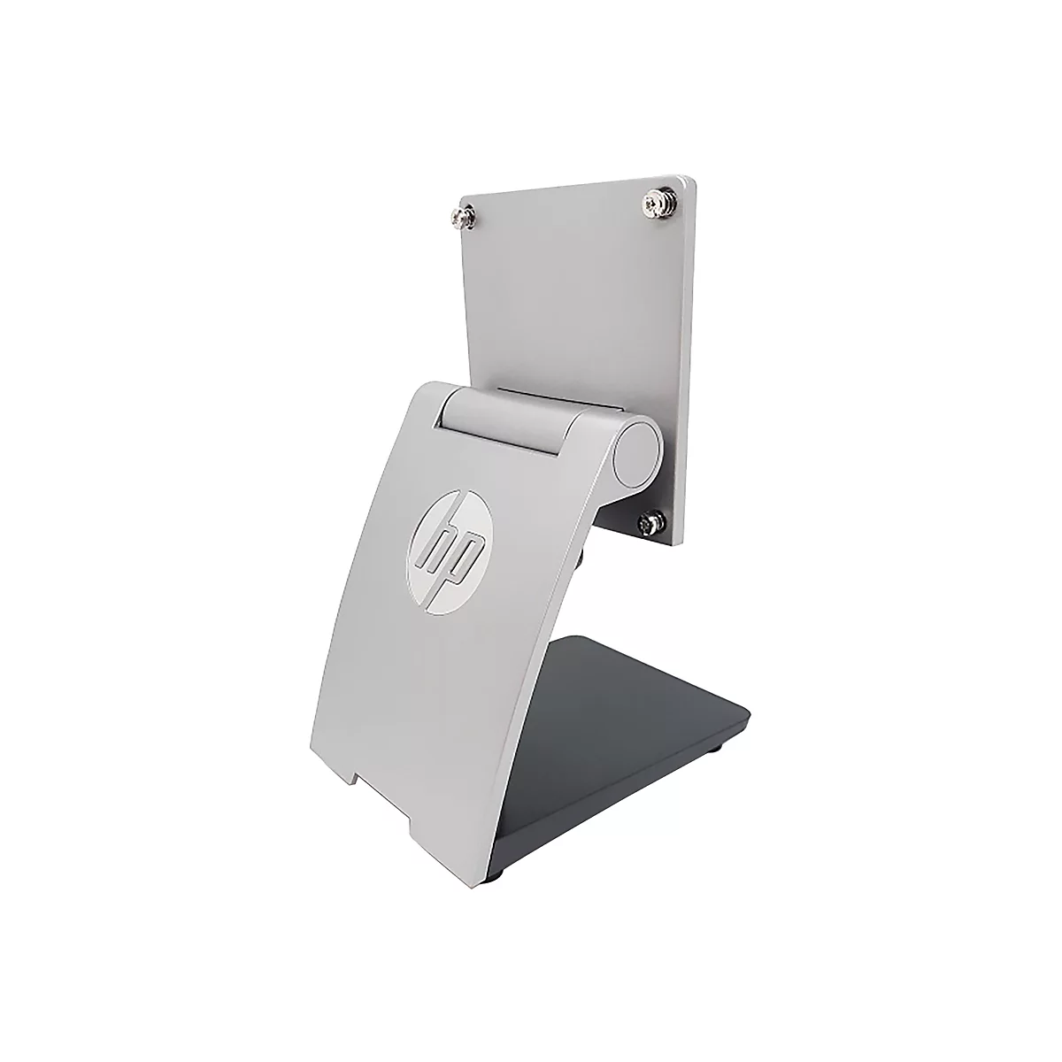 Silberner Monitorhalter mit HP-Logo. Der Halter hat eine Basis, ein Gelenk und eine Platte für den Monitor.