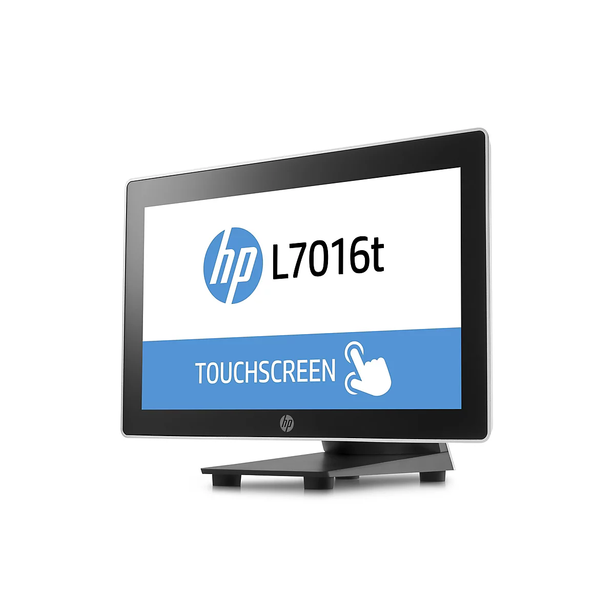 Ein Touchscreen-Monitor von HP mit dem Schriftzug "L7016t". Darunter steht "TOUCHSCREEN" und ein Handsymbol.