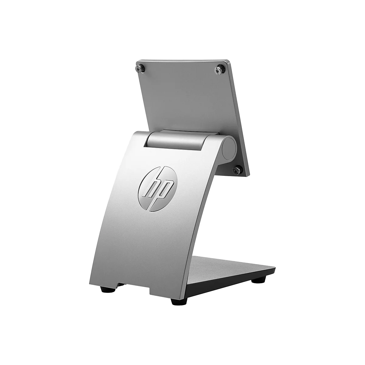 Silberner Monitorständer mit HP-Logo. Der Ständer ist auf weißem Hintergrund abgebildet.