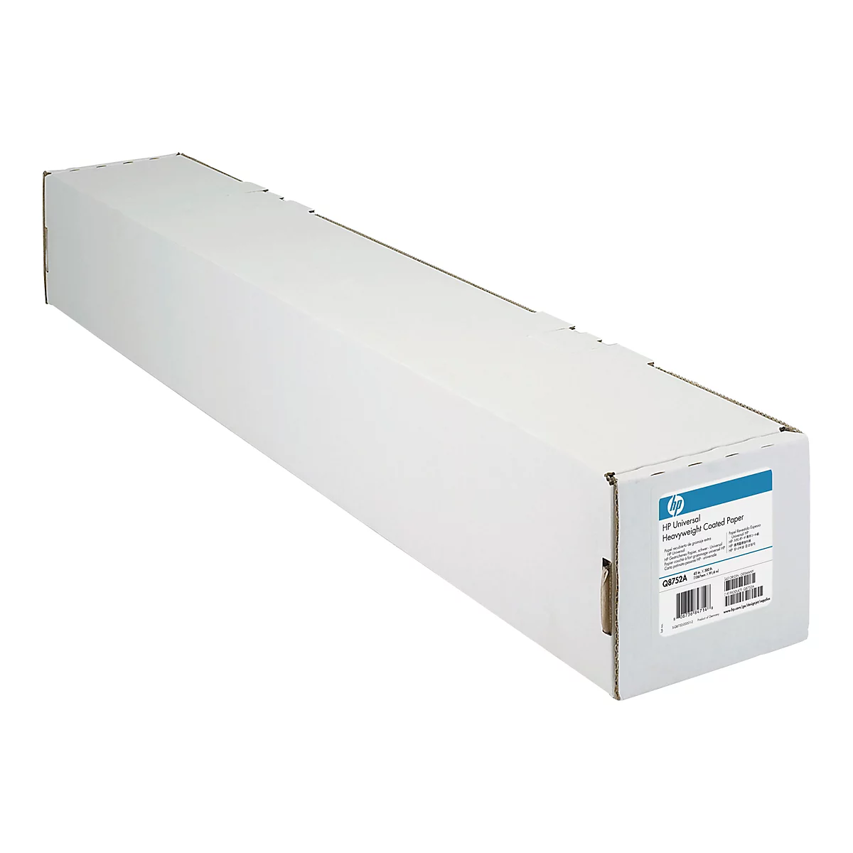 Länglicher, weißer Karton für eine HP Papierrolle mit Produktetikett auf der Stirnseite.