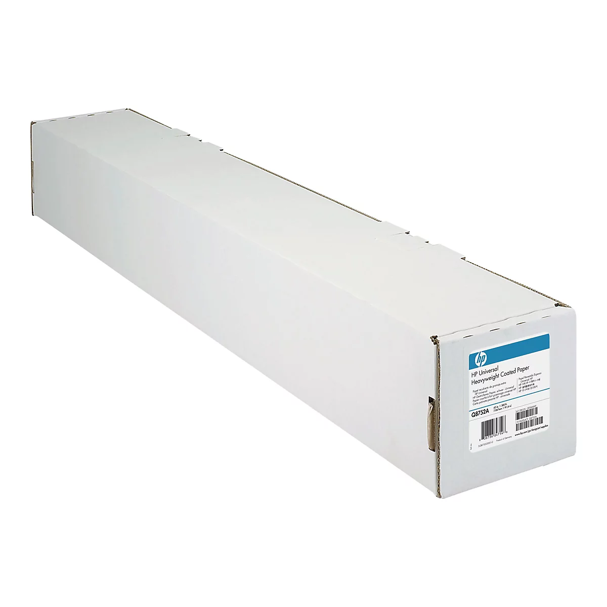 Länglicher weißer Karton mit HP-Logo und Beschriftung für HP Universal Heavyweight Coated Paper.