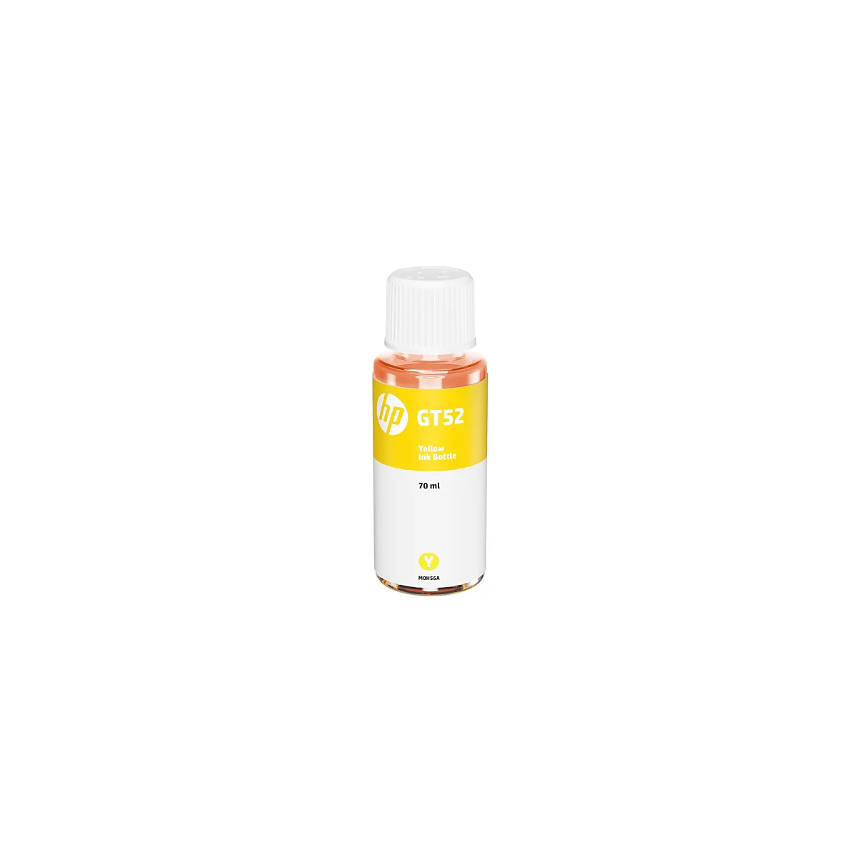 Une bouteille d'encre jaune avec un bouchon blanc sur fond blanc. La bouteille porte des inscriptions telles que "GT52" et "Yellow Ink Bottle".