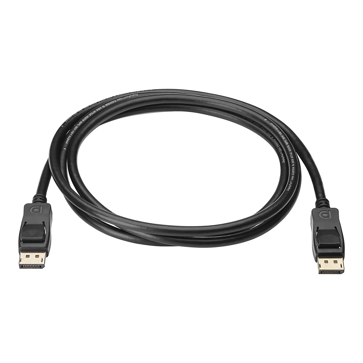Schwarzes DisplayPort-Kabel mit Steckern an beiden Enden; Textdetails sind lesbar.