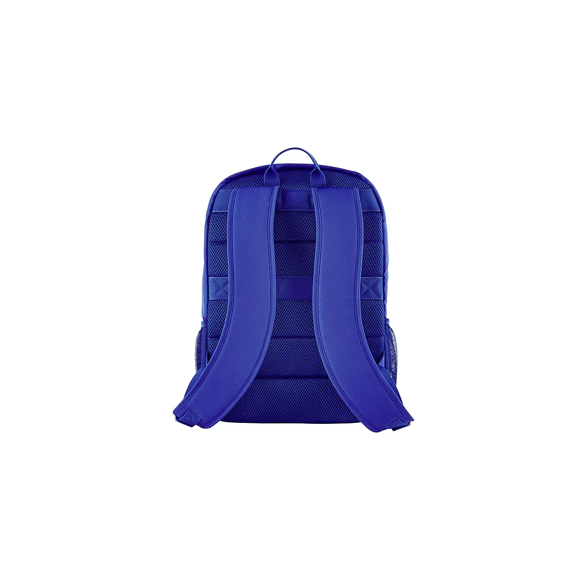 Blauer Rucksack von hinten betrachtet mit gepolsterten Schultergurten und Mesh-Rückenbereich auf weißem Hintergrund.