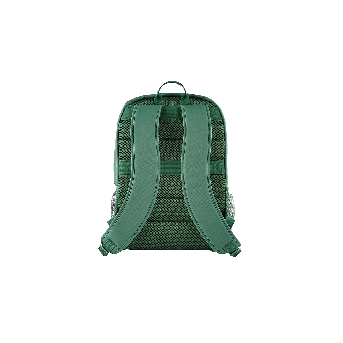 Rückseite eines grünen Rucksacks mit gepolsterten Schultergurten und atmungsaktivem Mesh-Rückenpolster.