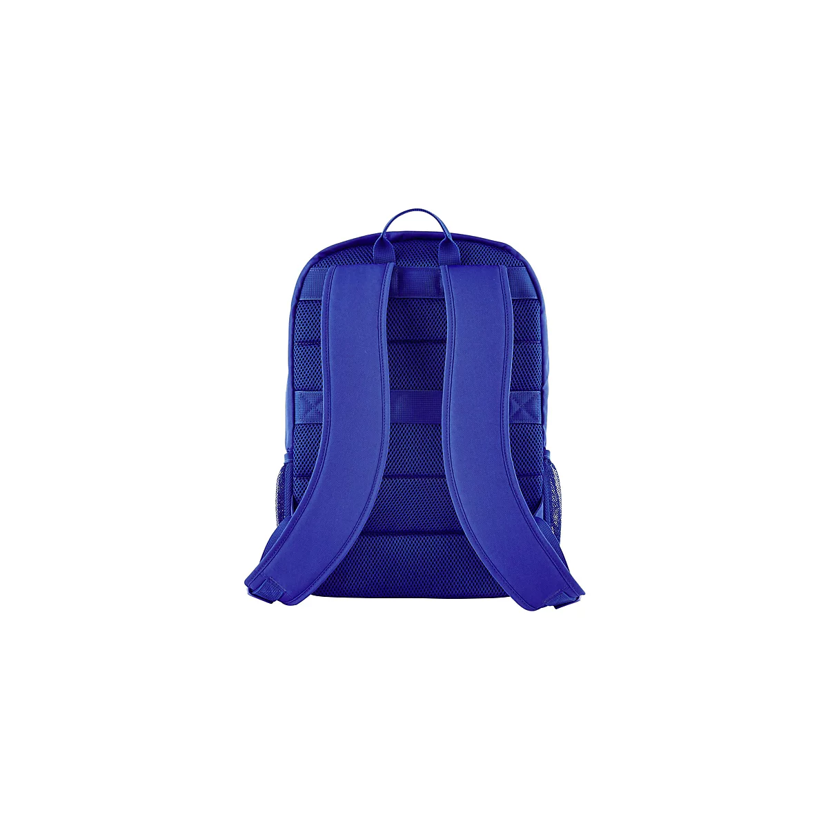 Rückansicht eines blauen Rucksacks. Gepolsterte Träger und Rückenpartie. Oben eine Schlaufe.