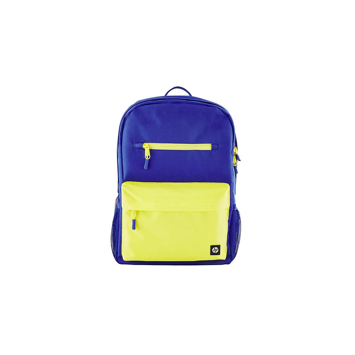Blauer und gelber Rucksack mit Reißverschlüssen und HP Logo. Auf weißem Hintergrund.